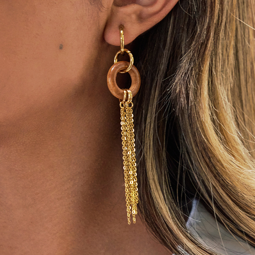 Original designed wooden tassel stainless steel earrings - luxurious and high-end style ear cuffs - caramel-colored jewelry - titanium and steel accessories - women's items