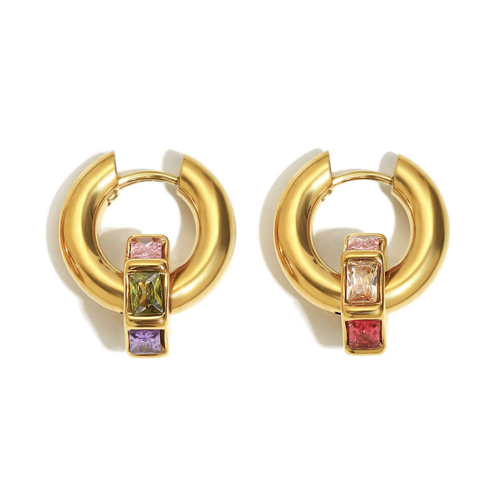Exclusive Design Hoop Earrings - Stainless Steel Plated with 18K Gold Geometric Color Diamond Round Ring Earrings for Women - Luxury Light-Weight Style