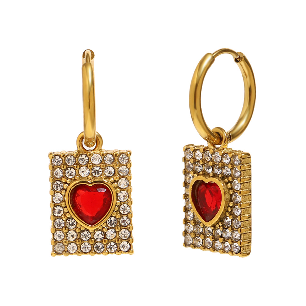 Personalized earrings - stainless steel plated with 18K gold and full of diamonds, square-shaped, red heart-shaped earrings for women, light luxury style.