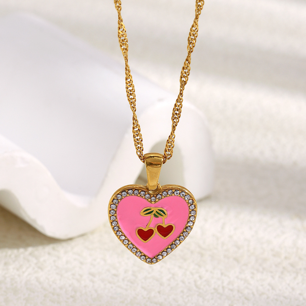 Fashionable and elegant French-style high-end pendant necklace made of stainless steel plated with 18K gold, featuring a drooping cherry-shaped heart pendant.Love necklace,mother's day gift