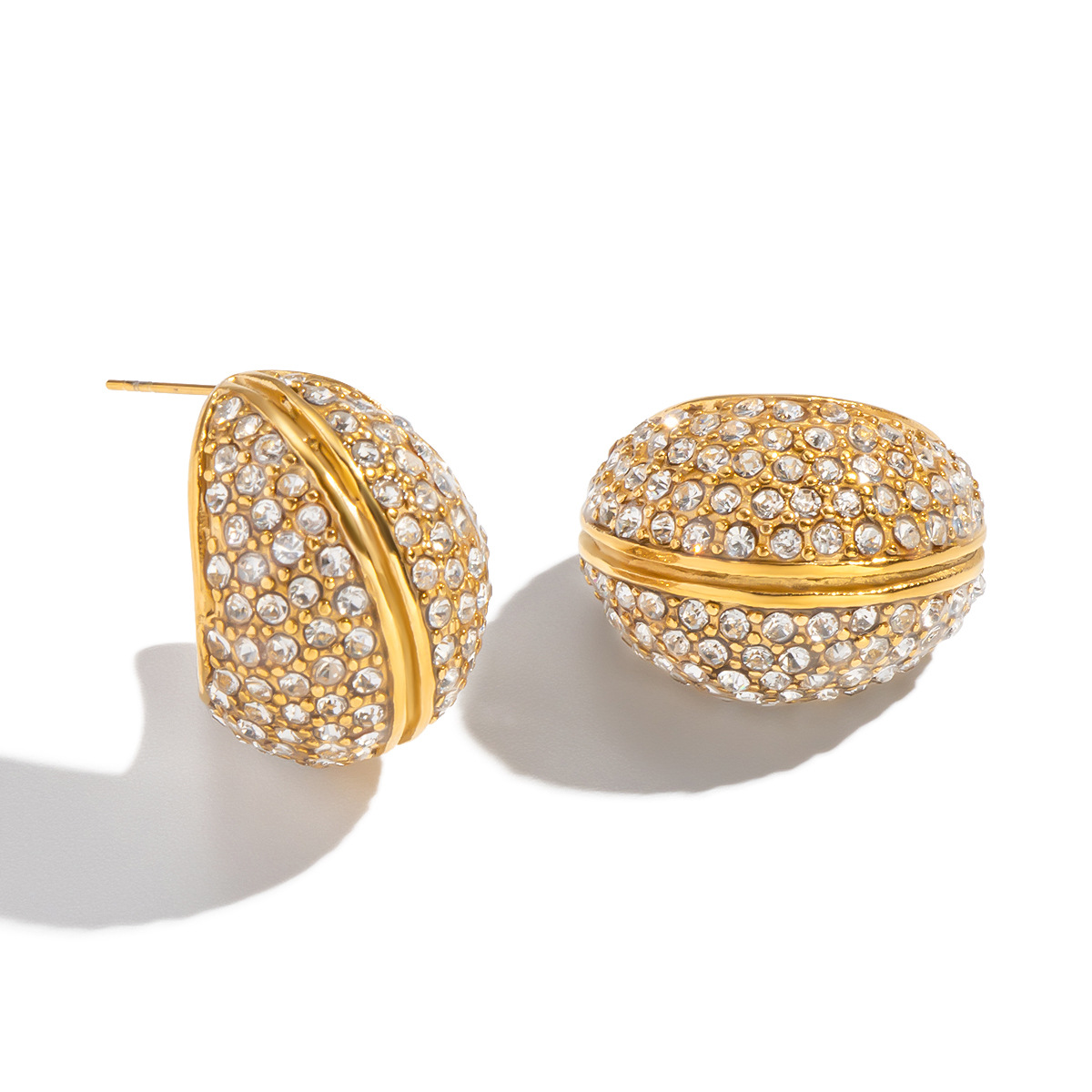 New circular-set crystal-beaded geometric stud earrings - exquisite, bold and unique stainless steel zircon earring accessory for women