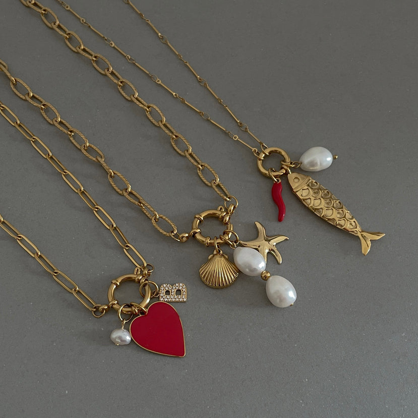 Retro 12 birthstone pendant open ring necklace with multiple pendants DIY boots heart-shaped pearl 18K gold color-retaining