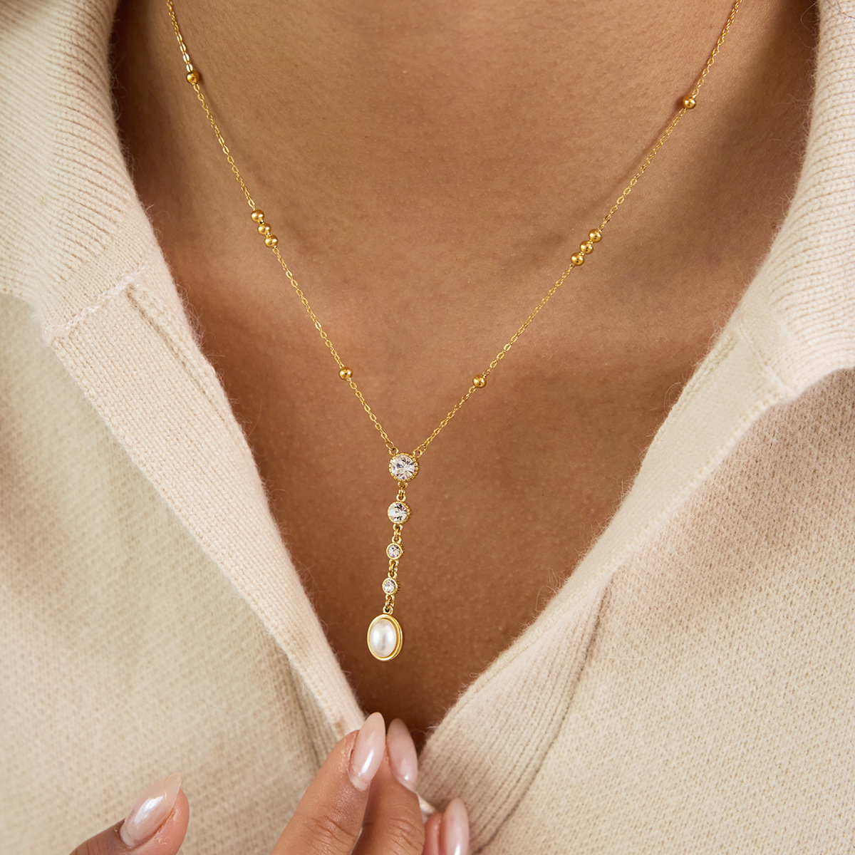 Classic style 18K gold stainless steel white diamond necklace with Y-shaped chain pearl accessories for autumn and winter