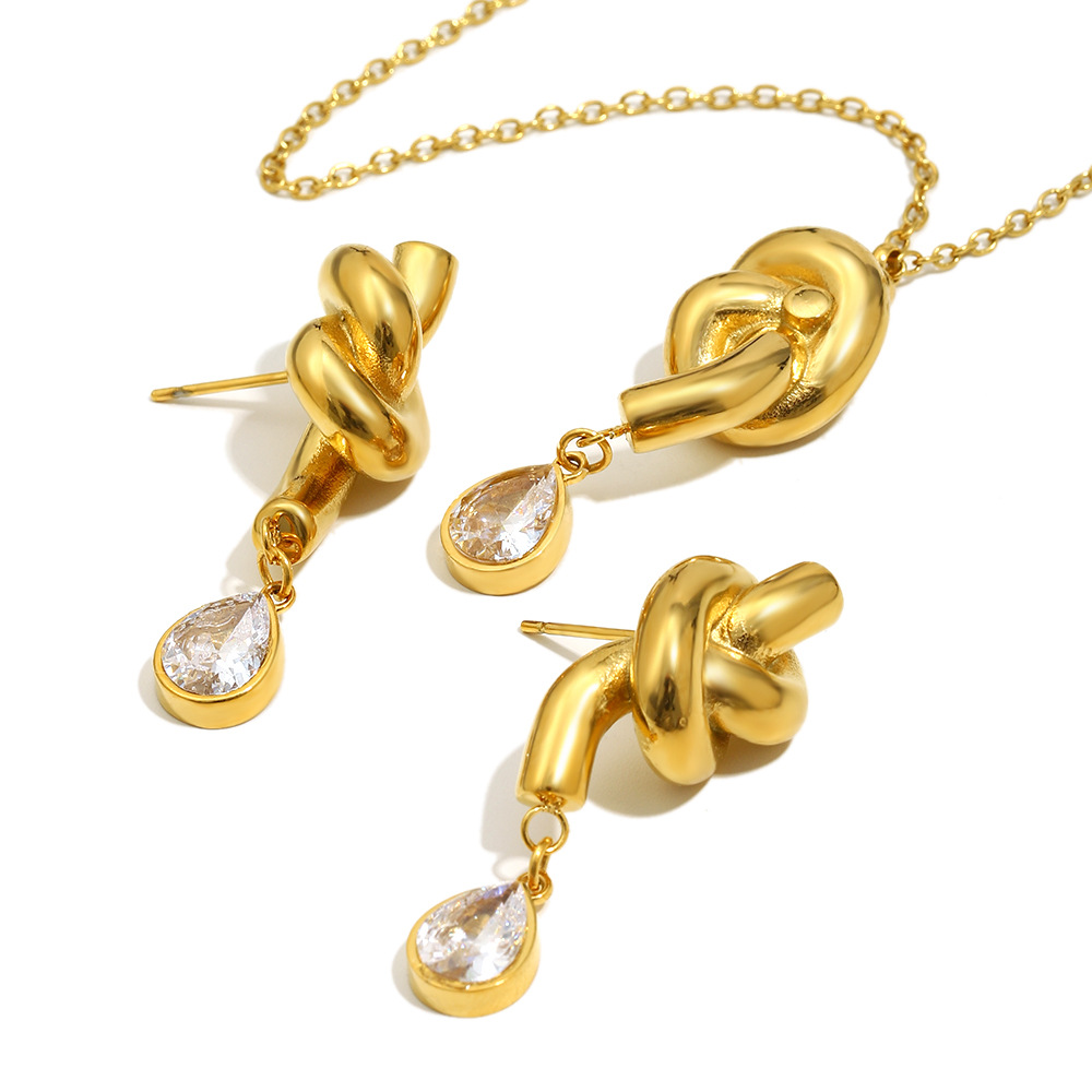 Retro luxury ear jewelry - stainless steel plated with 18K gold, knotted drop-shaped zirconia necklace accessory