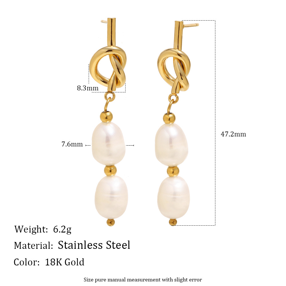 Freshwater pearl earrings, stainless steel plated with 18K gold, knotted wire loop pearl pendant ear studs, jewelry accessory