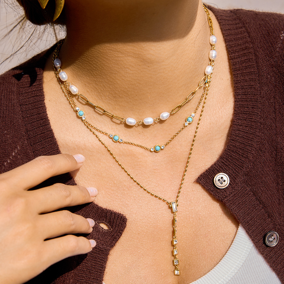 Classic Style 18K Stainless Steel Beaded Blue Turquoise Necklace - Unique Design Cross-border Jewelry for Women