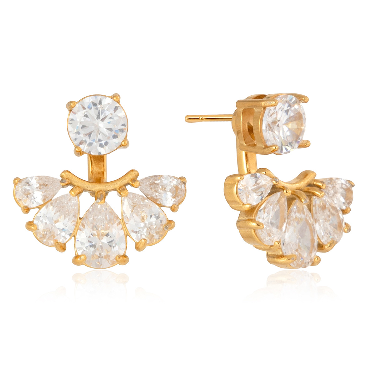 Zirconia fan-shaped front-and-back earrings, stainless steel ear studs, luxurious and high-end style earrings, titanium and steel accessories, women's jewelry