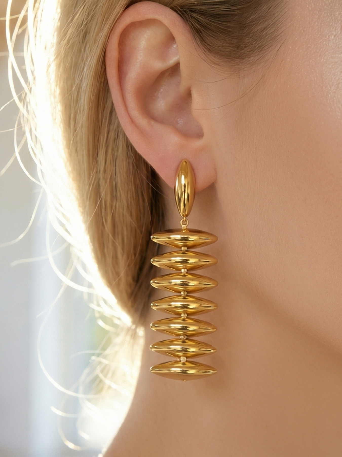 Stainless Steel Beaded Long Earrings for Women - 18K Solid Gold Exaggerated Ear Pendants Earring Set